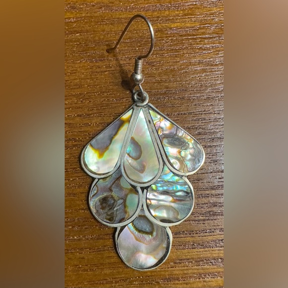 Abalone Shell Earrings, Clip On, Vintage Mexico Jewelry, Alpaca Silver - Picture 3 of 7